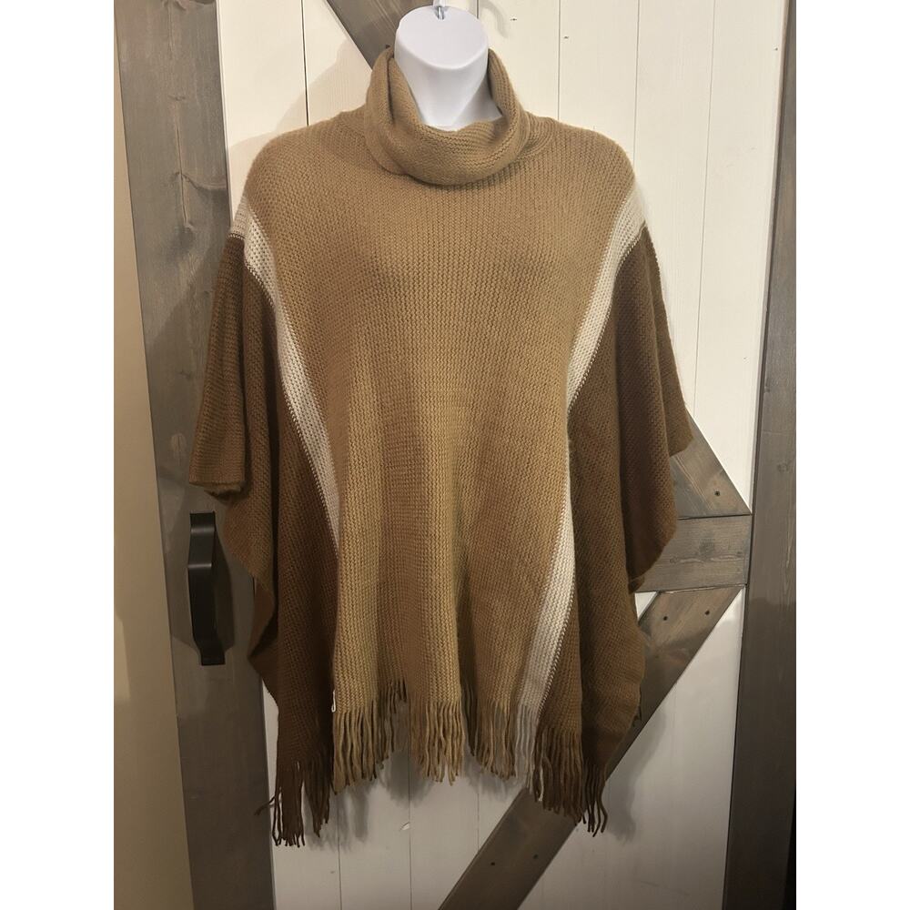 Lane Bryant Brown White Fringe Knit Soft Poncho Shawl One Size Overpiece